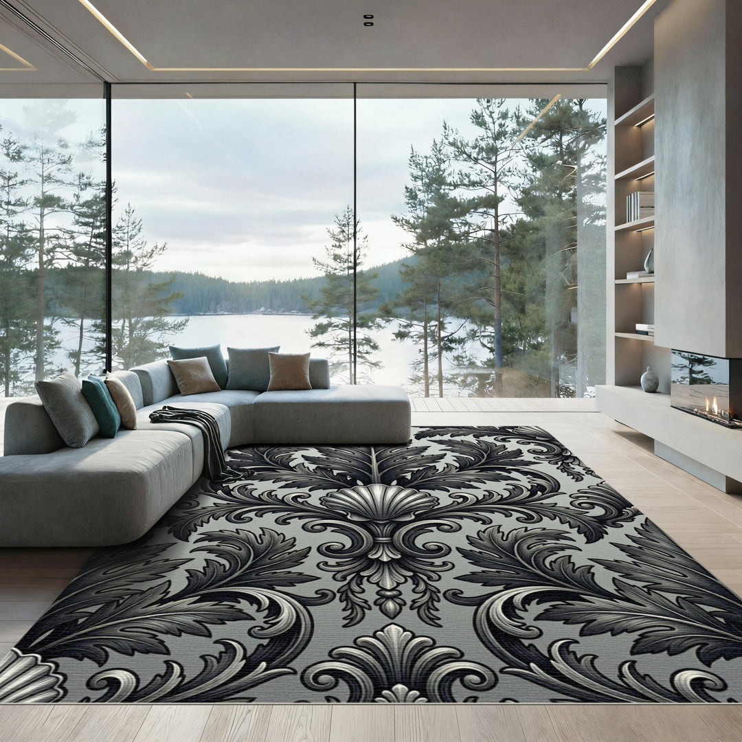 Ornate Black and White Scallop Leaf Rug