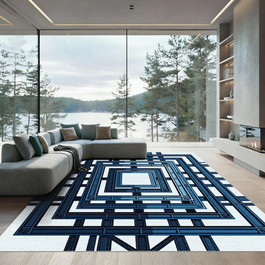 Deep Blue Geometric Tunnel Rug