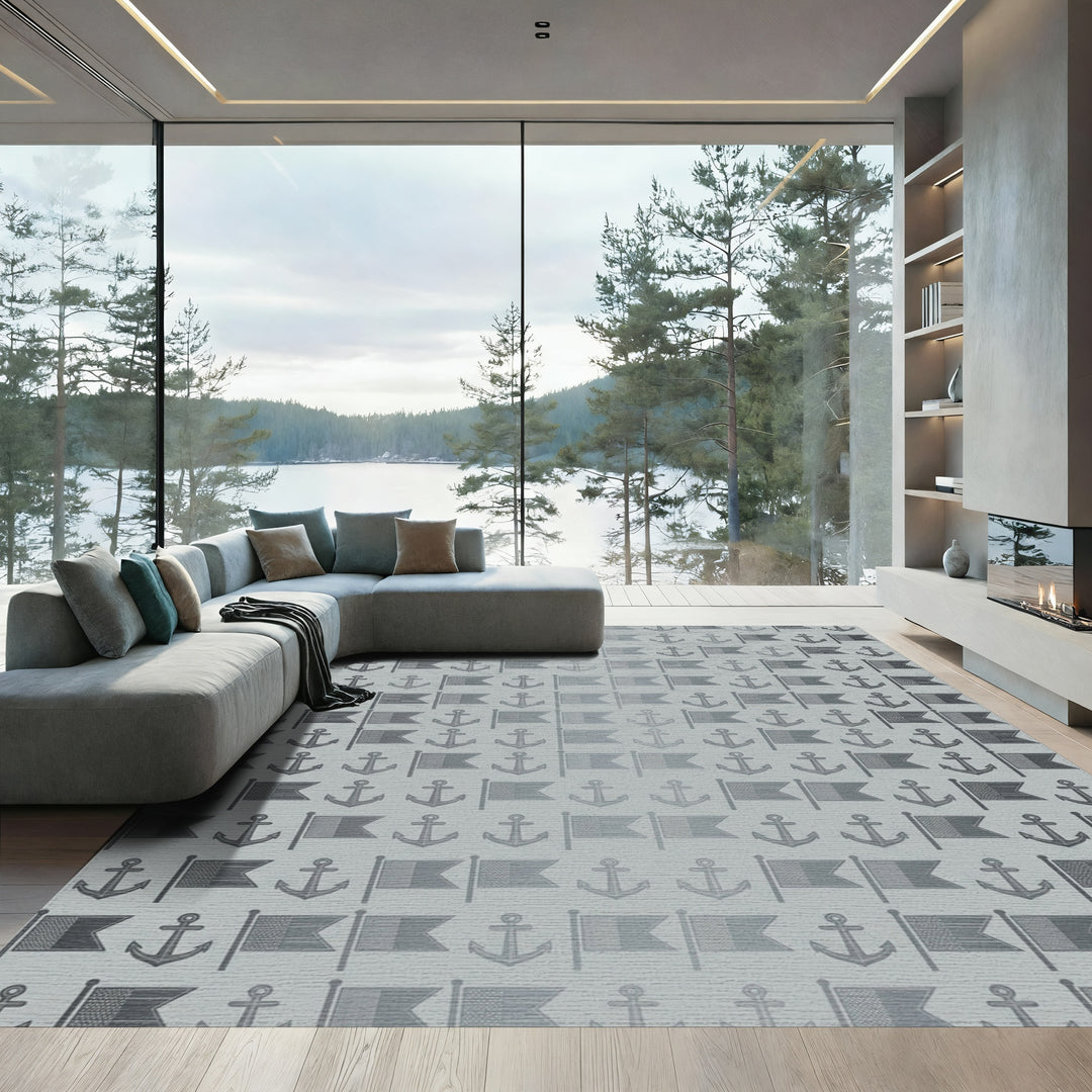 Gray Nautical Anchor Flag Repeat Rug