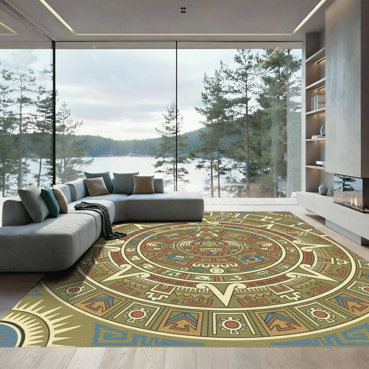 Aztec Sun Stone Earth Tones Medallion Rug