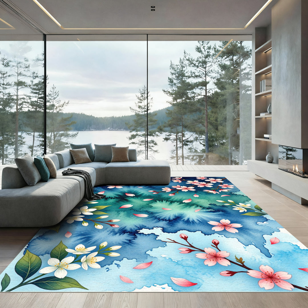 Blue Watercolor Cherry Blossom Branches Rug