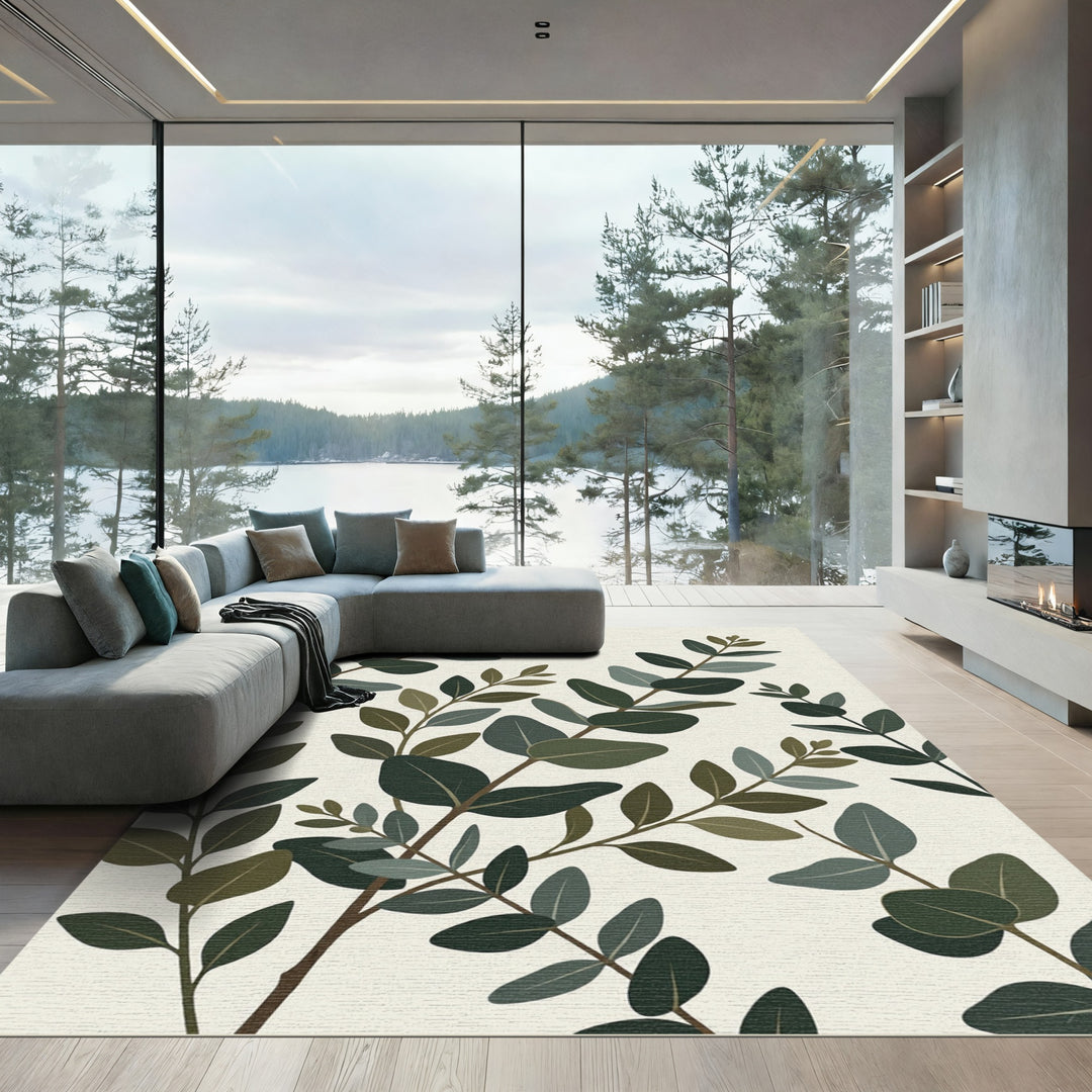 Eucalyptus Branches Neutral Leaf Arrangement Rug