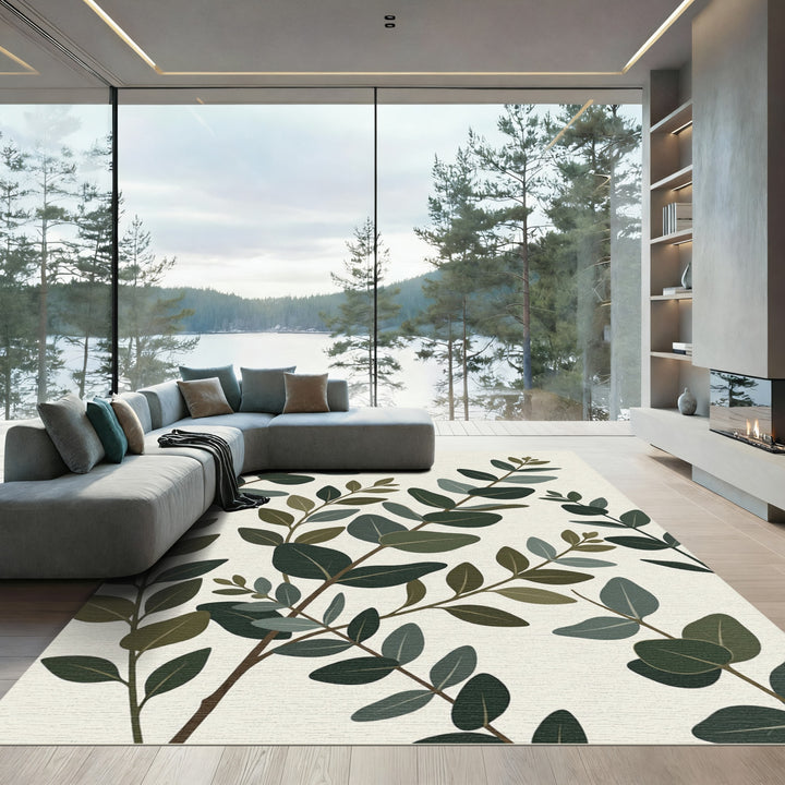 Eucalyptus Branches Neutral Leaf Arrangement Rug