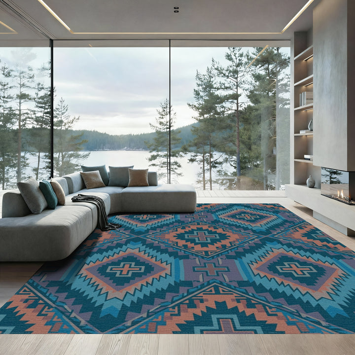 Teal Orange Diamond Cross Geometric Rug