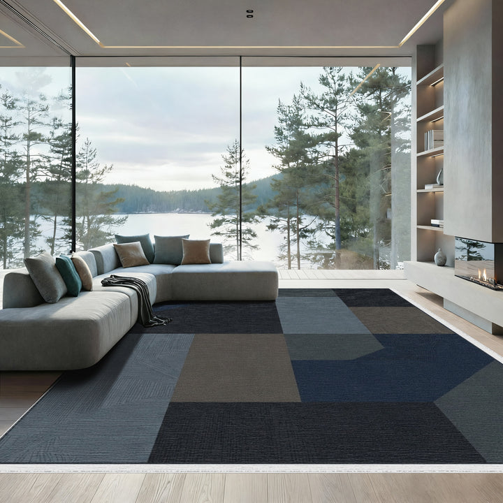 Dark Blue Geometric Cubist Blocks Rug