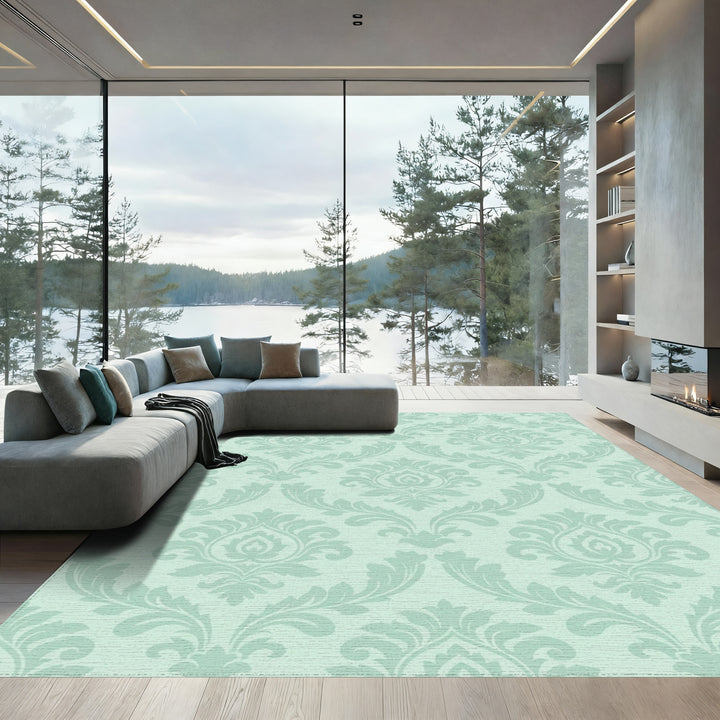 Elegant Mint Damask Floral Swirl Rug