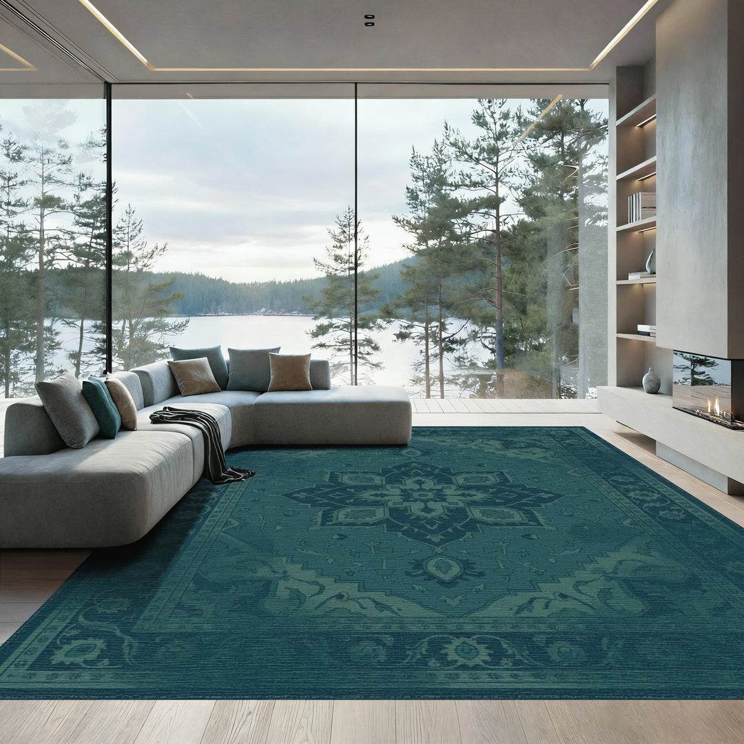 Deep Teal Intricate Botanical Frame Rug