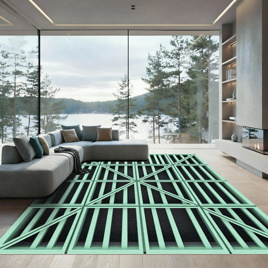 Pale Green Geometric Grid Lines Rug