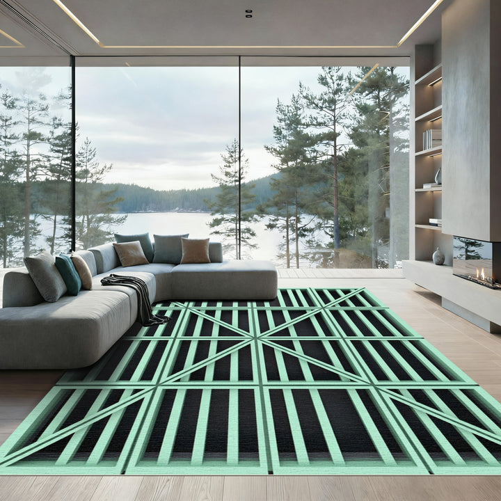 Pale Green Geometric Grid Lines Rug