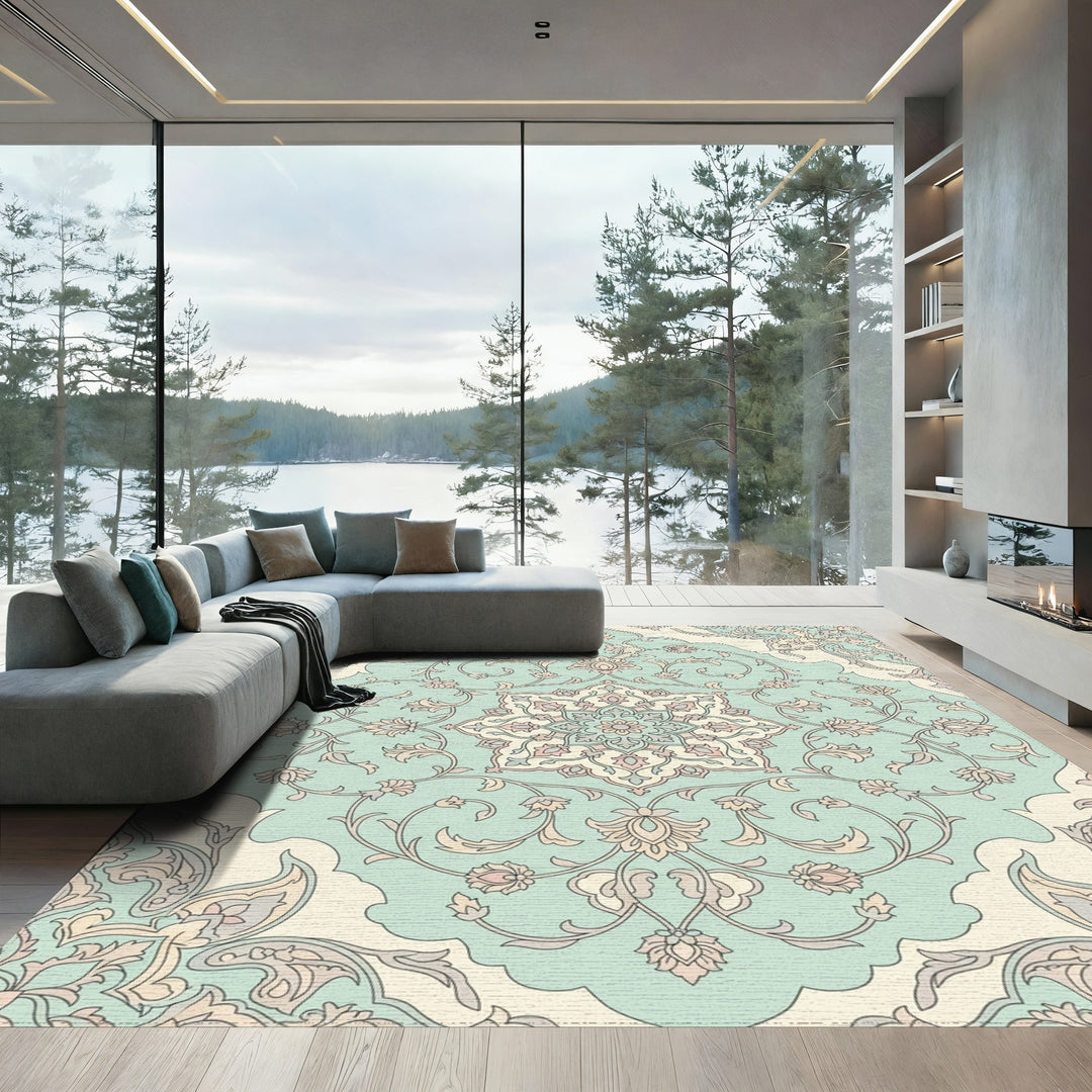 Pale Blue Floral Medallion Arabesque Rug