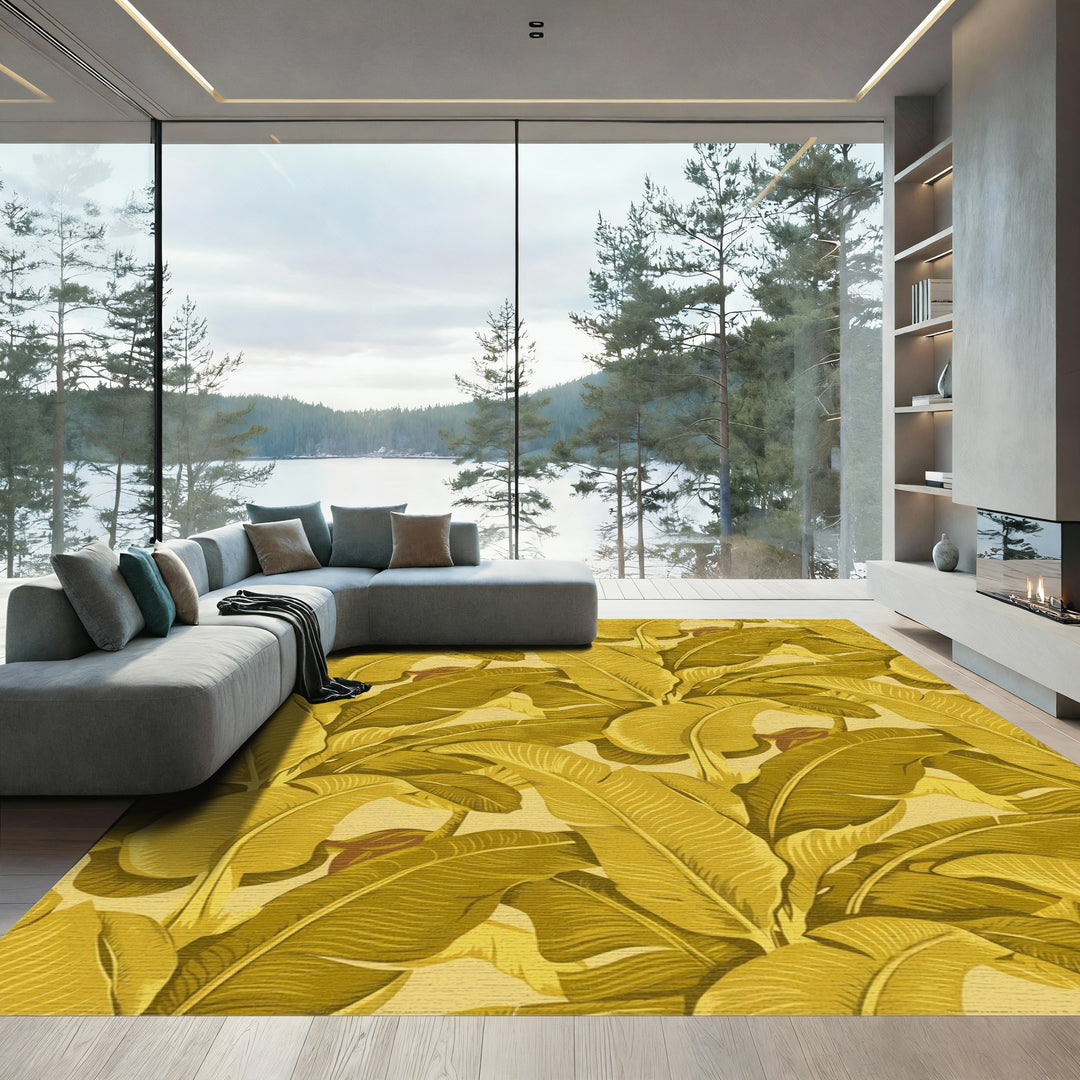 Golden Banana Leaf Tropical Arrangement Rug
