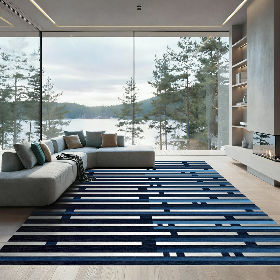 Deep Blue White Stripe Composition Rug