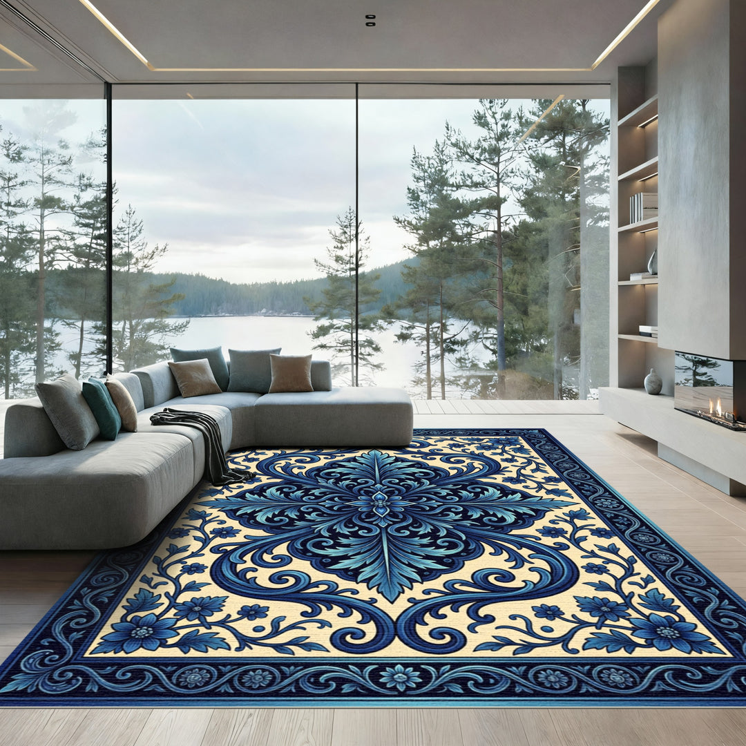 Rich Blue Floral Medallion Border Rug