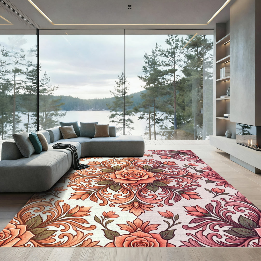 Coral Pink Rose Botanical Damask Rug