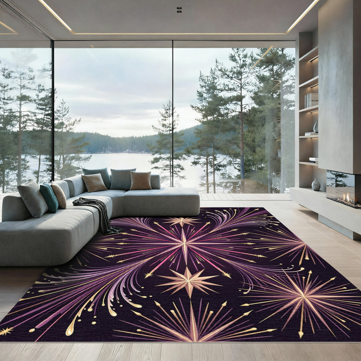 Radiant Gold Purple Starburst Rug