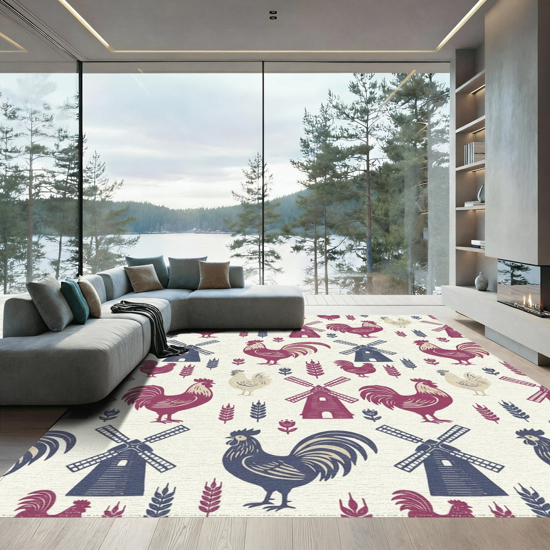 Charming Roooster Windmill Wheat Floral Arrangement Rug