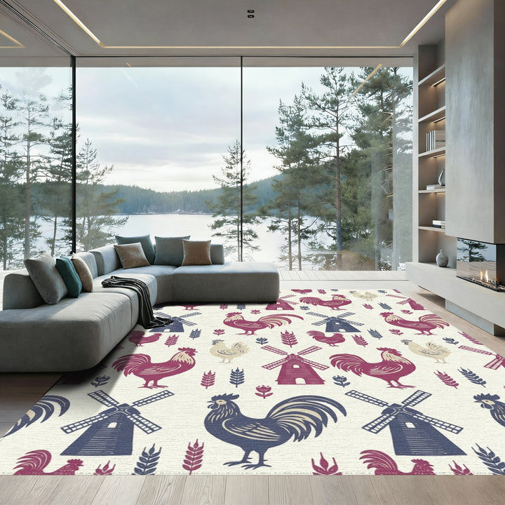 Charming Roooster Windmill Wheat Floral Arrangement Rug