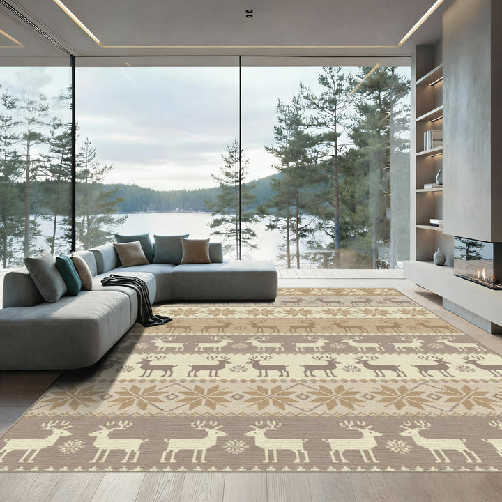 Neutral Taupe Reindeer Snowflake Stripe Rug