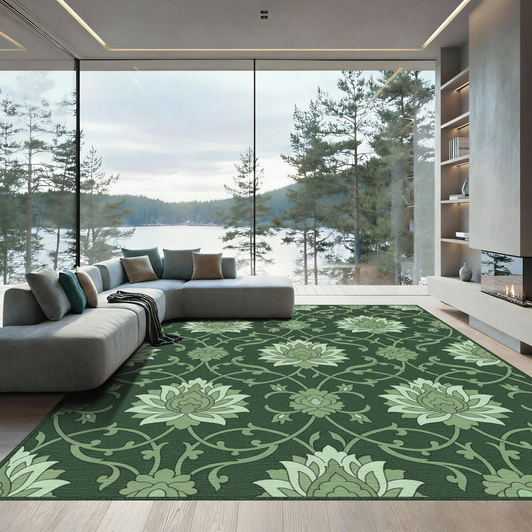 Deep Forest Green Floral Vine Rug