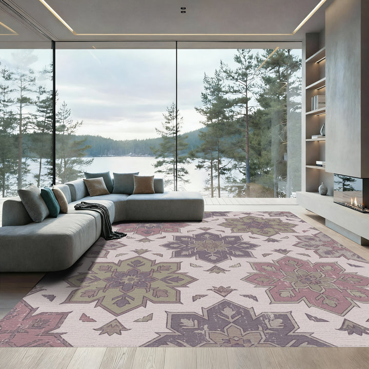 Distressed Floral Medallion Purple Green Rug