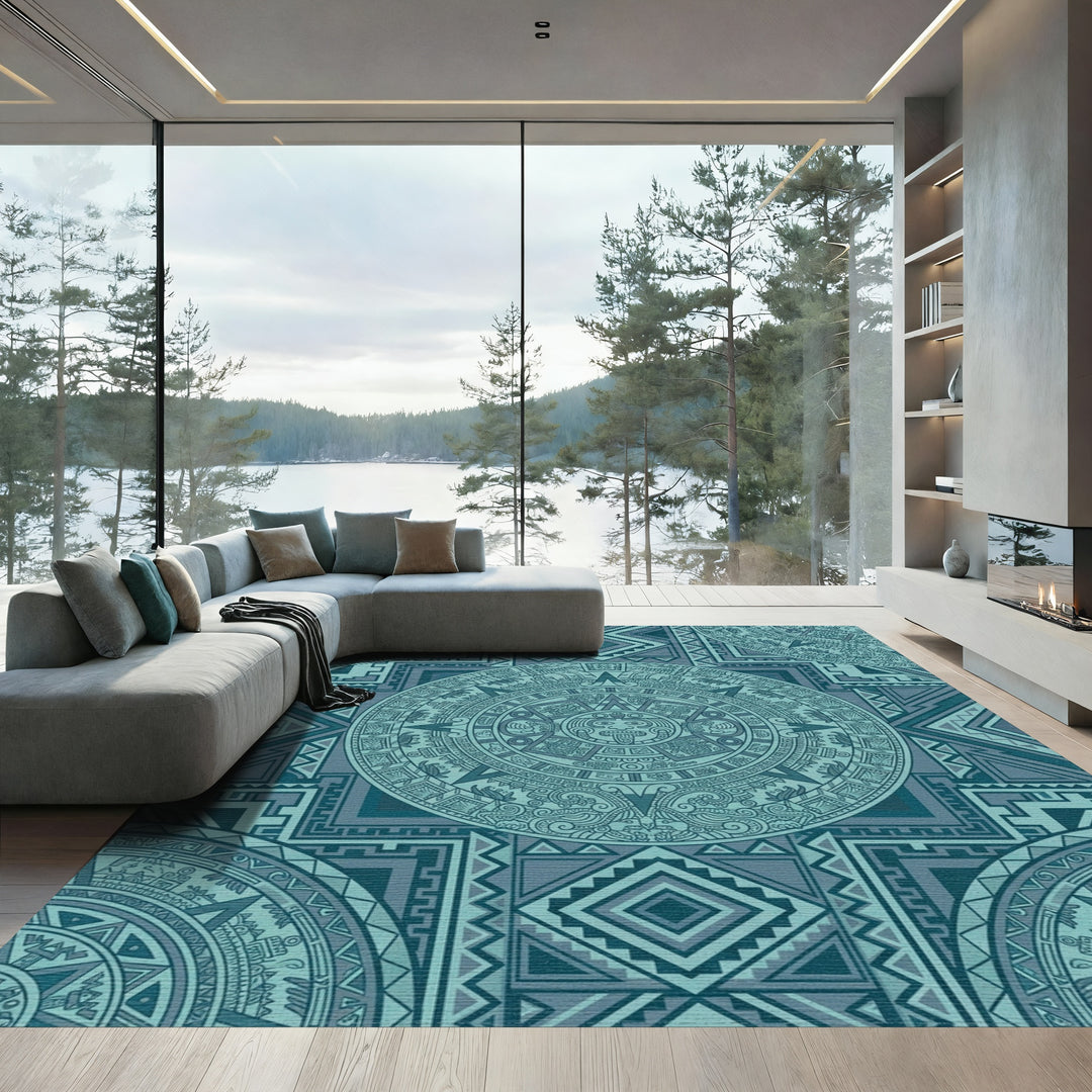 Teal Sun Stone Geometric Medallion Rug