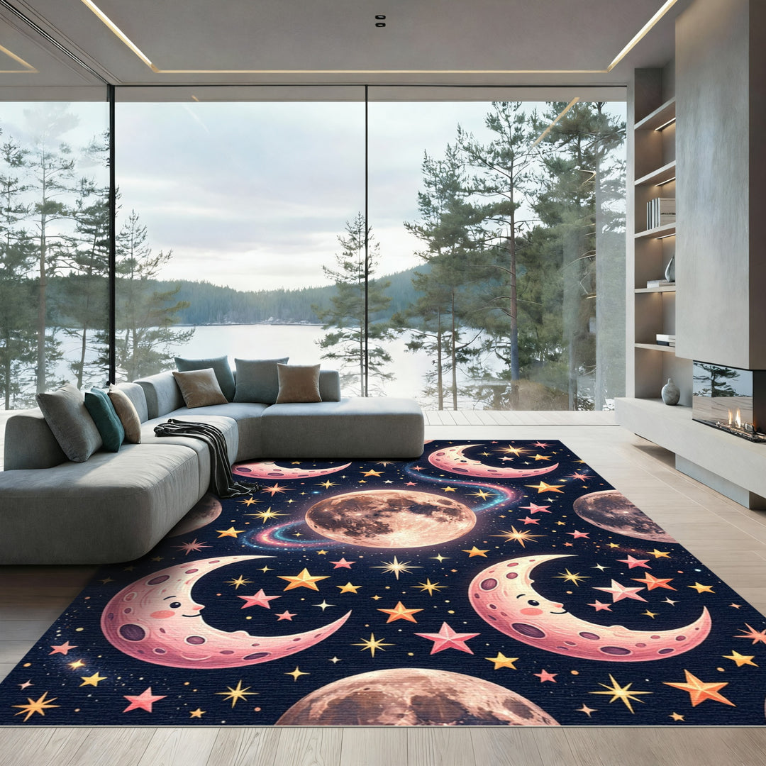 Whimsical Pink Crescent Moon Stars Rug