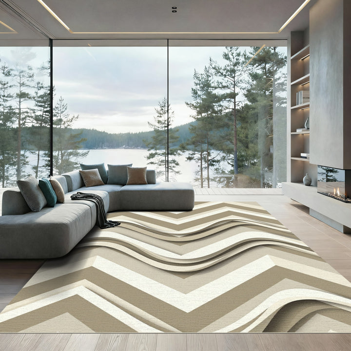 Modern Beige Wave Chevron Rug
