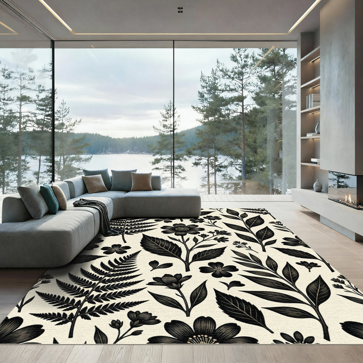 Black Botanical Ferns And Flowers Rug