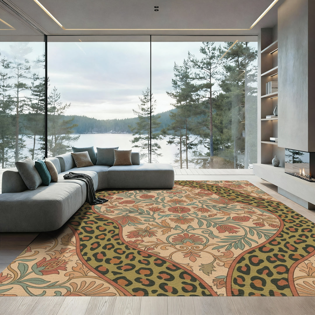 Earthy Floral Leopard Stripe Medallion Rug