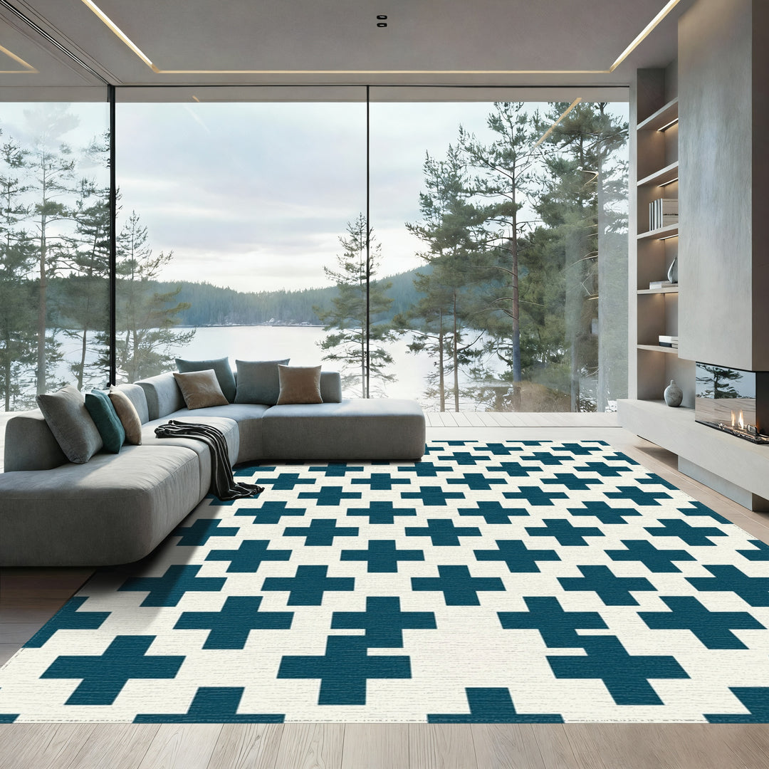 Deep Teal Plus Sign Grid Rug