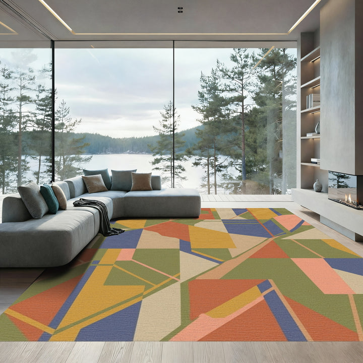 Abstract Geometric Terracotta Blue Olive Rug