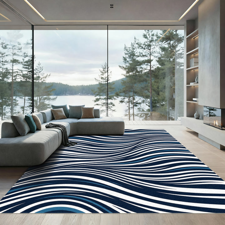 Navy White Blue Wavy Stripes Rug