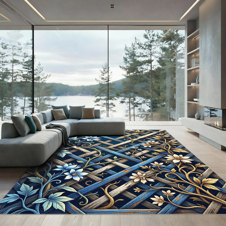 Blue and Gold Floral Lattice Rug