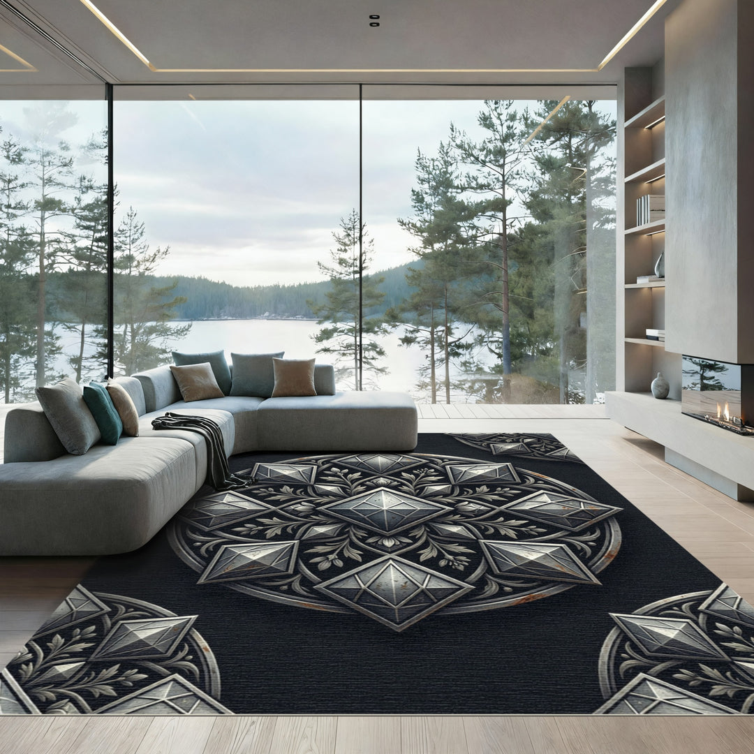 Ornate Black And Silver Medallion Rug