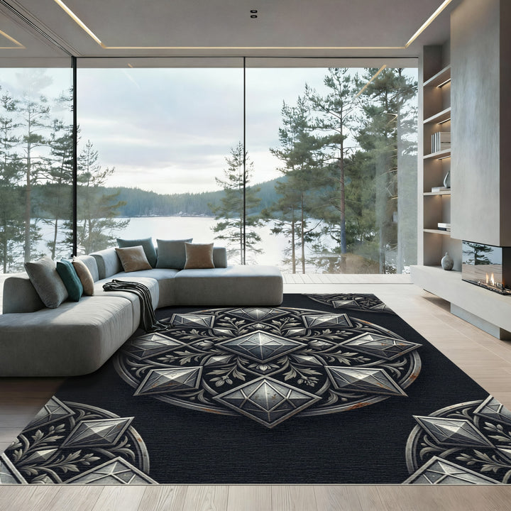 Ornate Black And Silver Medallion Rug