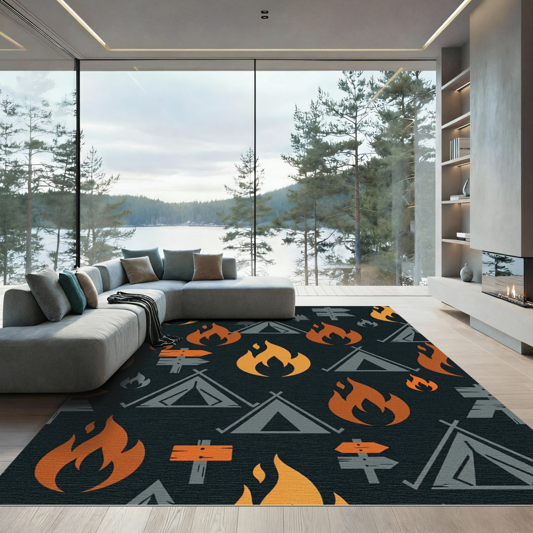 Camping Icons Bonfire Tent Sign Rug