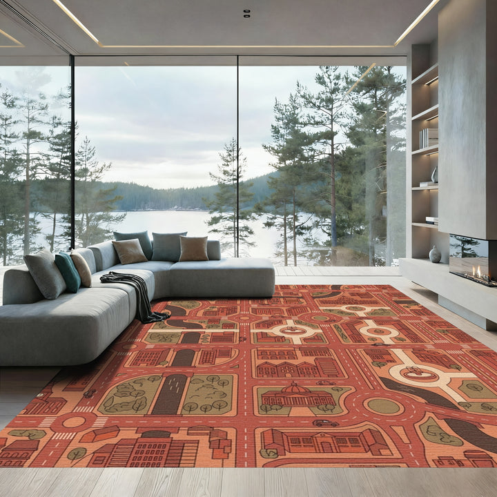Urban Cityscape Red And Tan Map Rug