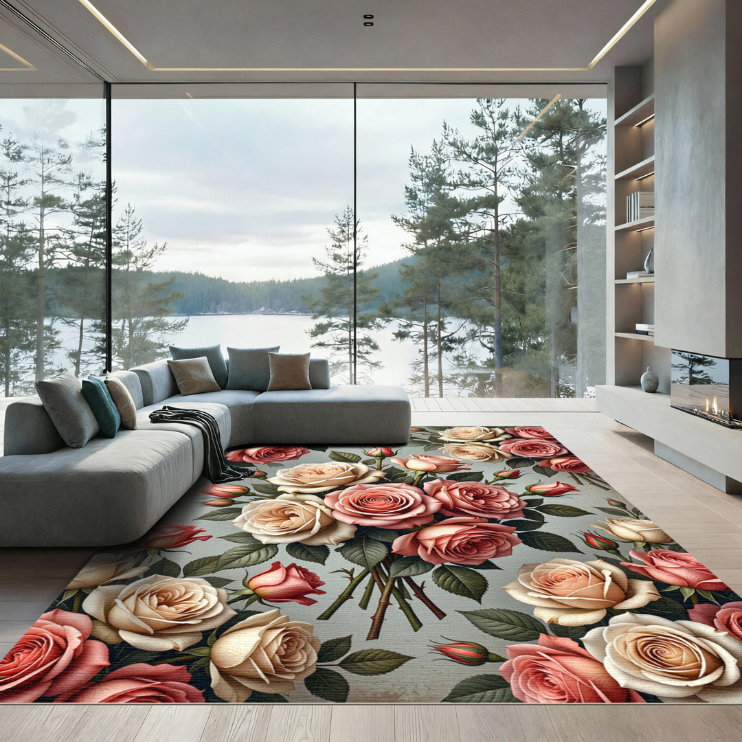 Rose Garden Bouquet Coral Cream Rug