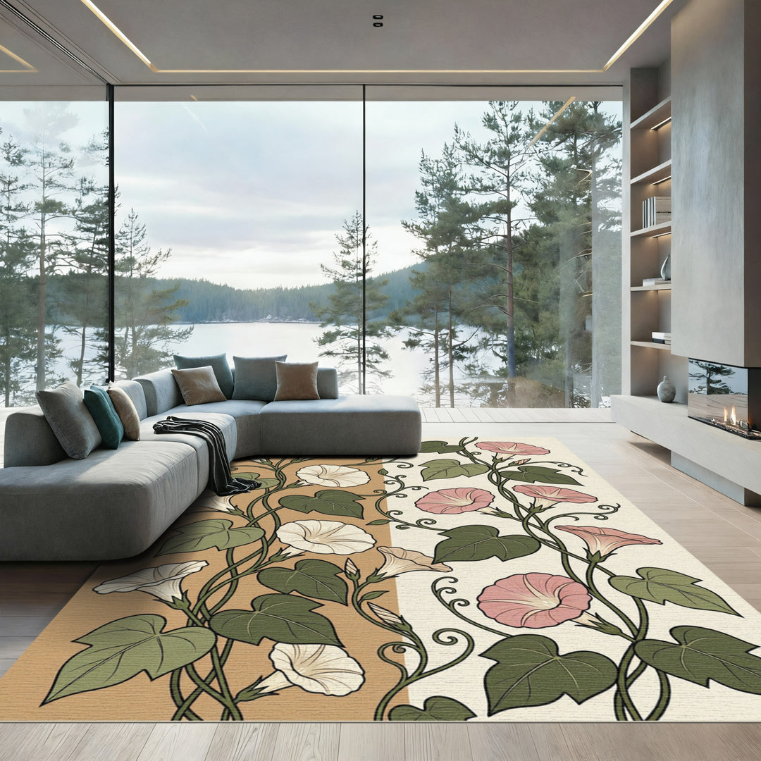Cream and Pink Morning Glory Vines Rug