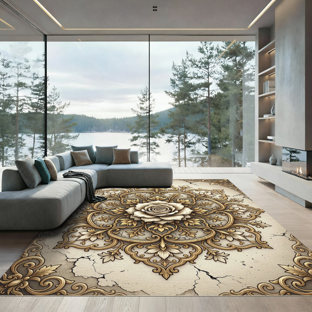 Gold Rose Ornamental Mandala Rug