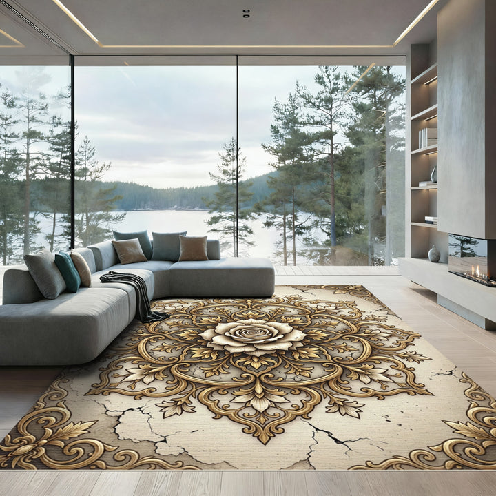 Gold Rose Ornamental Mandala Rug