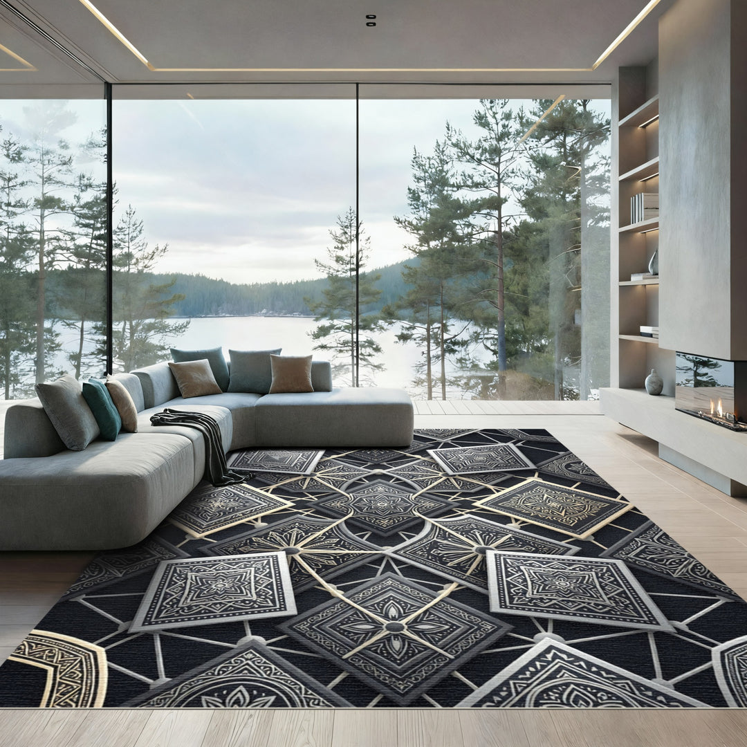 Gray Silver Intricate Geometric Square Overlay Rug
