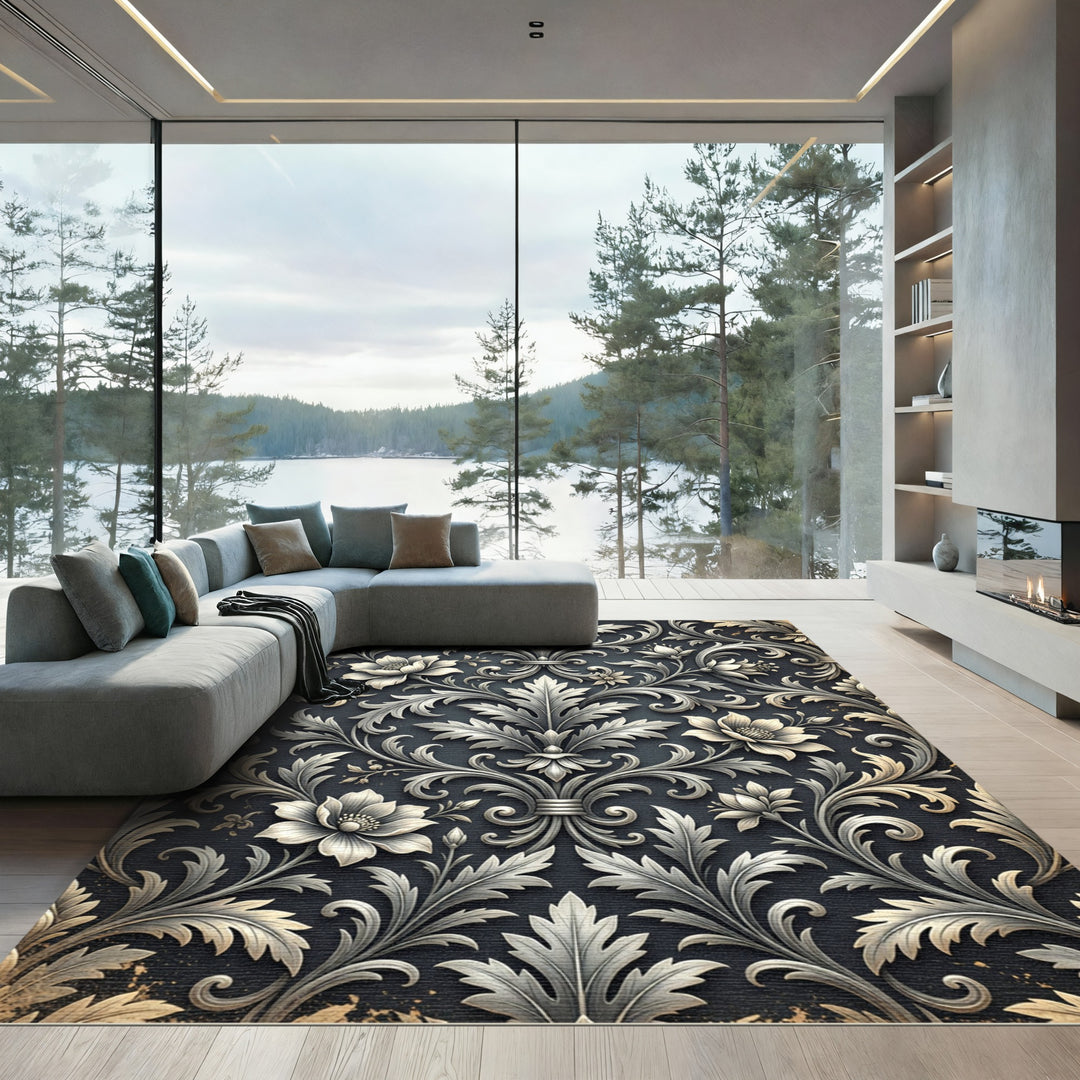 Art Nouveau Silver Floral Ornament Rug