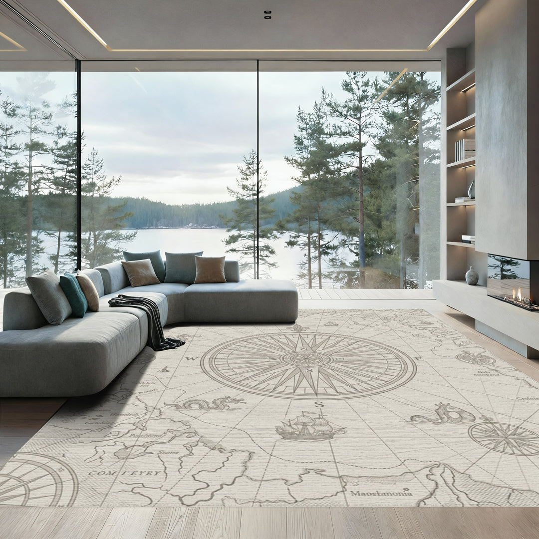 Nautical World Map Compass Roses Rug