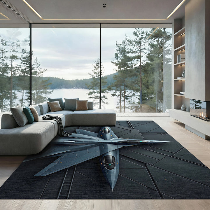 Sleek Dark Blue Futuristic Jet Canvas Rug