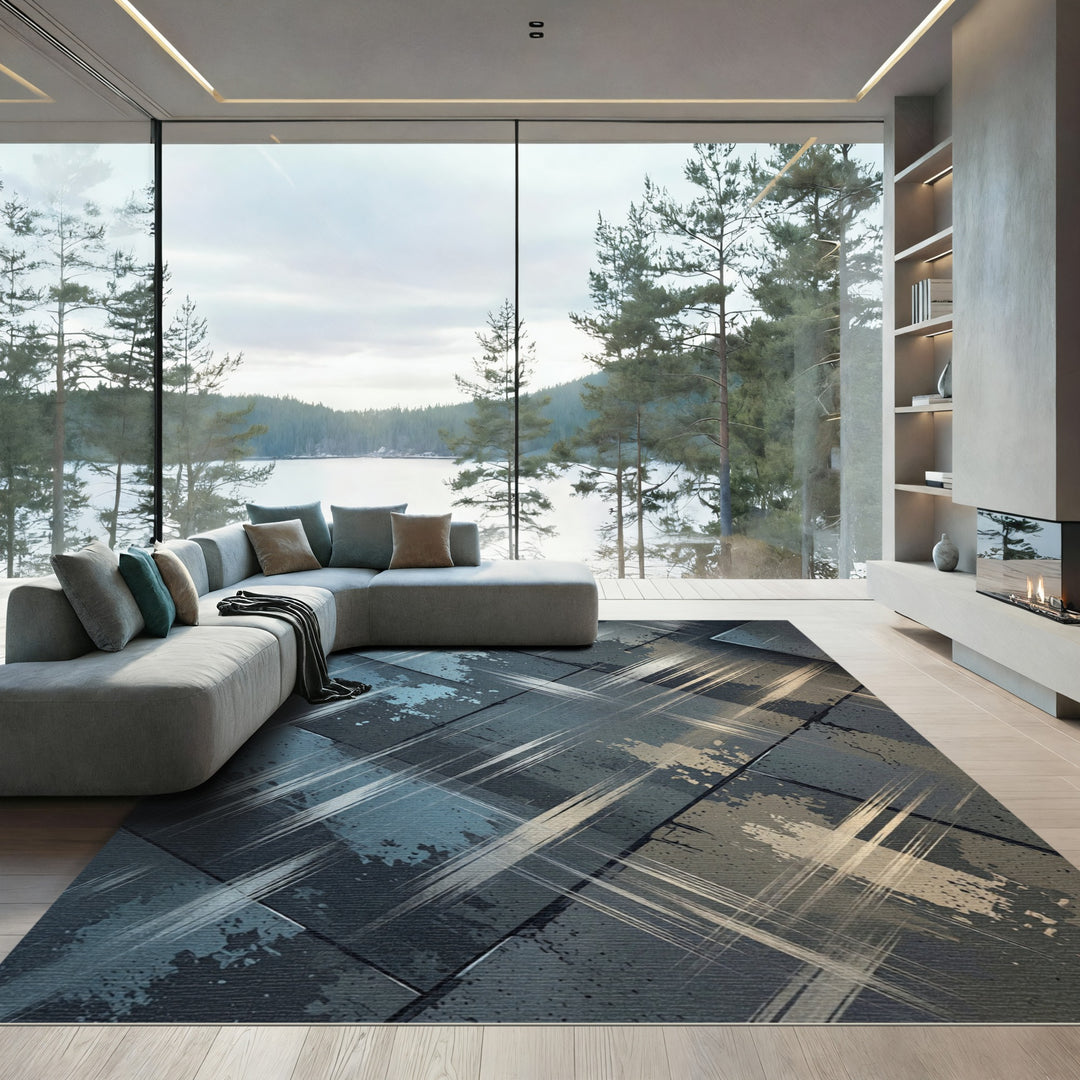 Abstract Slate Brushstroke Overlay Rug