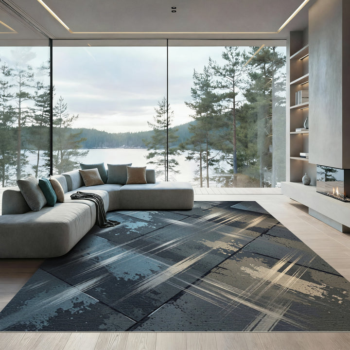 Abstract Slate Brushstroke Overlay Rug
