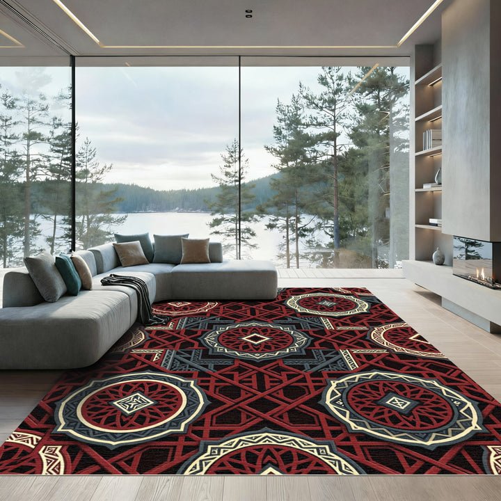 Intricate Red Geometric Medallion Rug