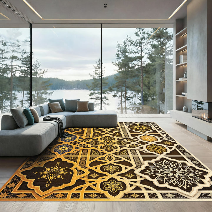 Golden Intricate Floral Medallion Rug