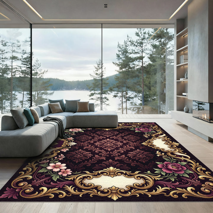 Ornate Crimson Floral Scroll Emblem Rug